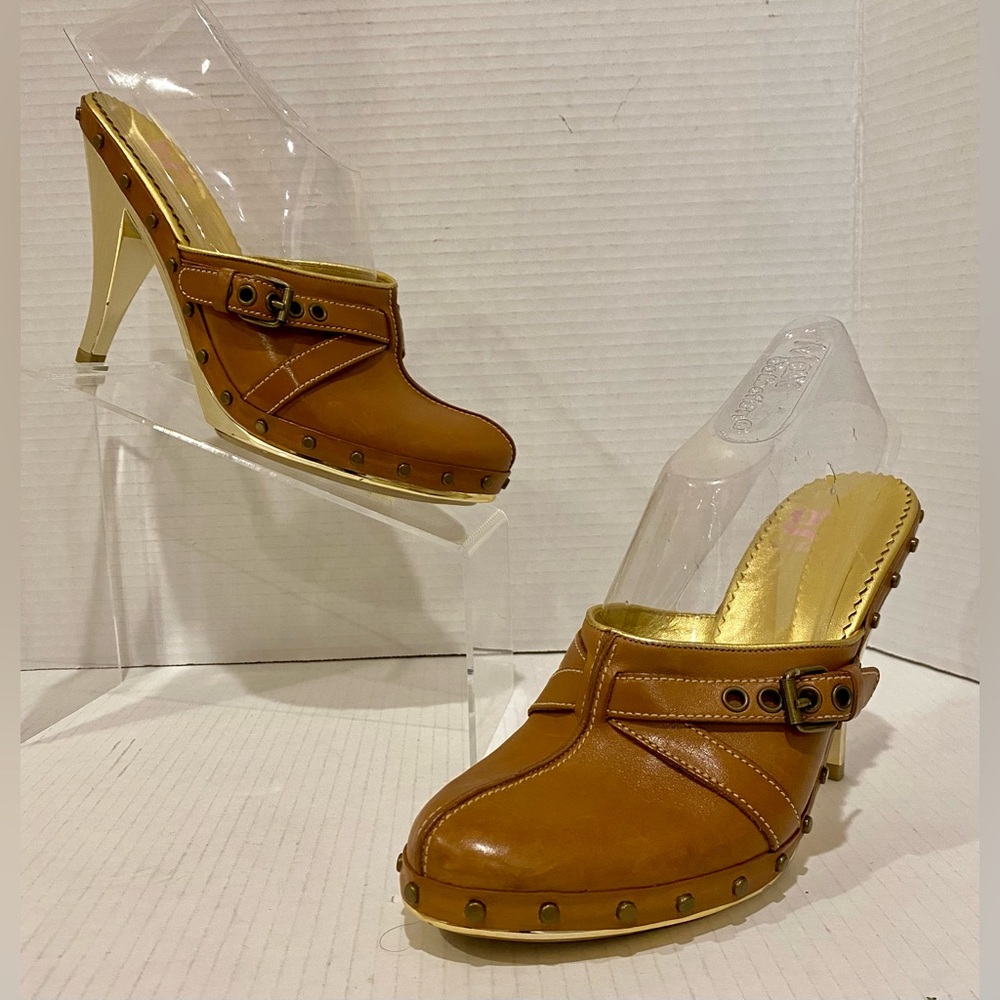 G Series by Cole Haan Nike Lab Vtg Y2K Brown Leather Mules Studs Gold Heel  $198